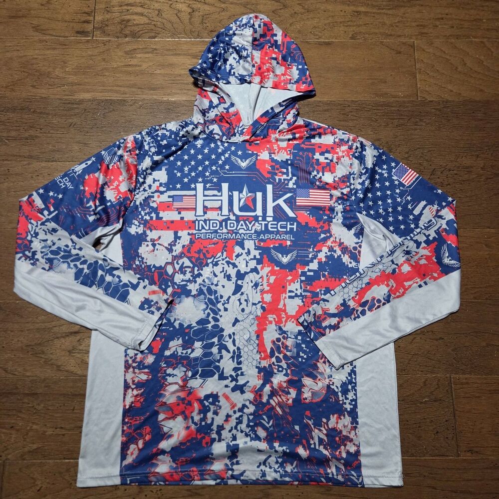 Huk Sun Fishing Hoodie Men XL Blue Camo Performance Shirt Long Sleeve